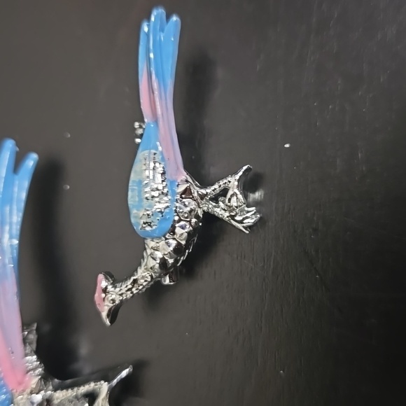 Vintage Silver-Toned Pink and Blue Enamel Pheasant Bird Brooch Set of 2 - Picture 4 of 6